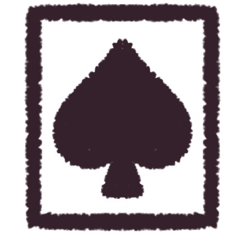 a dark magenta spade on a white card with a dark magenta border